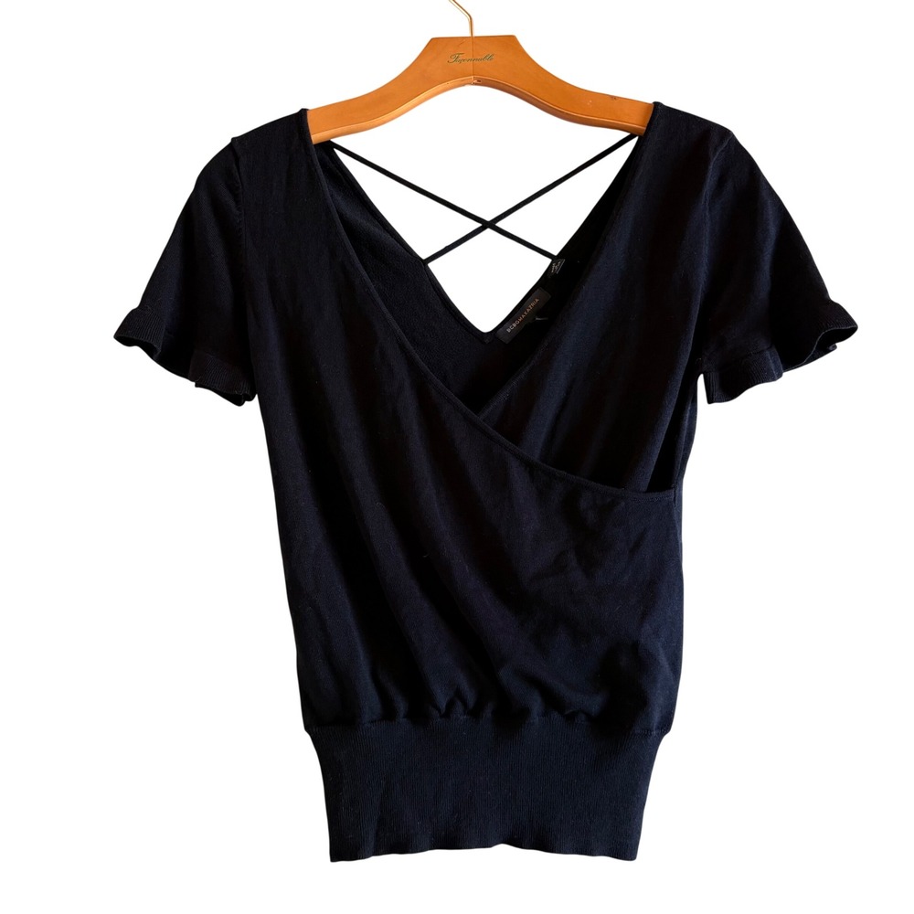 BCBGMAXAZRIA‎ Black Silk Blend Y2K Top Ruffle Short Sleeve Criss Cross Back SZ S